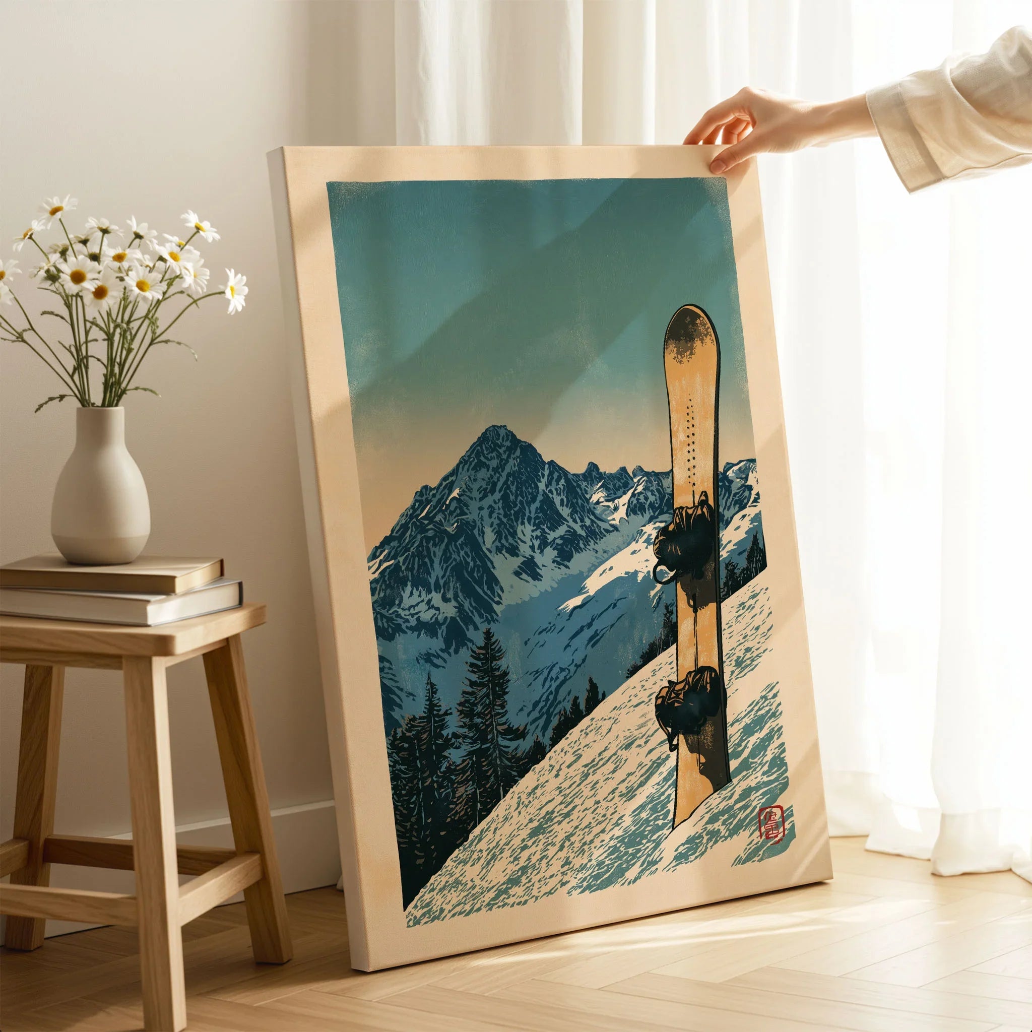 Vintage Snowboard Poster – Alpine Mountain Wall Art — canvas print mirror edge hand holding room setting