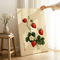 Strawberry Art Print – Vintage Japanese Botanical Wall Art — canvas print mirror edge hand holding room setting
