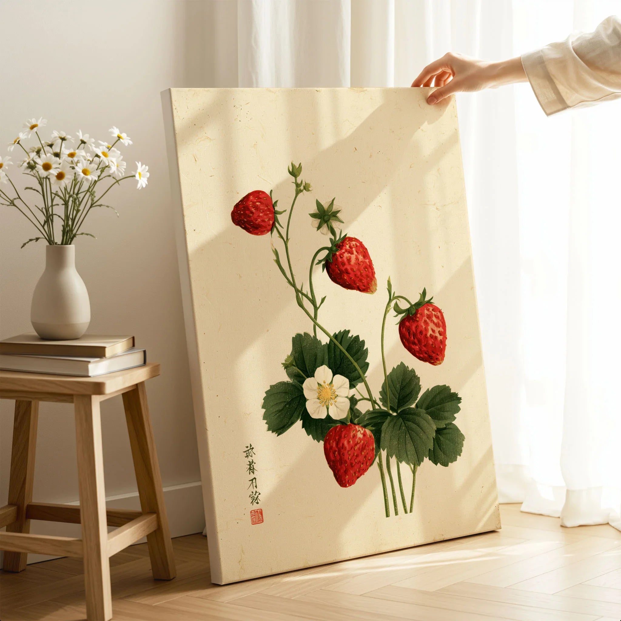 Strawberry Art Print – Vintage Japanese Botanical Wall Art — canvas print mirror edge hand holding room setting