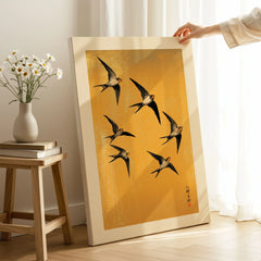 Swallows Art Print – Gold Japanese Bird Wall Art — canvas print mirror edge hand holding room setting