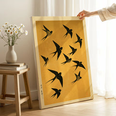 Flying Swallows Wall Art – Vintage Japanese Gold Print — canvas print mirror edge hand holding room setting