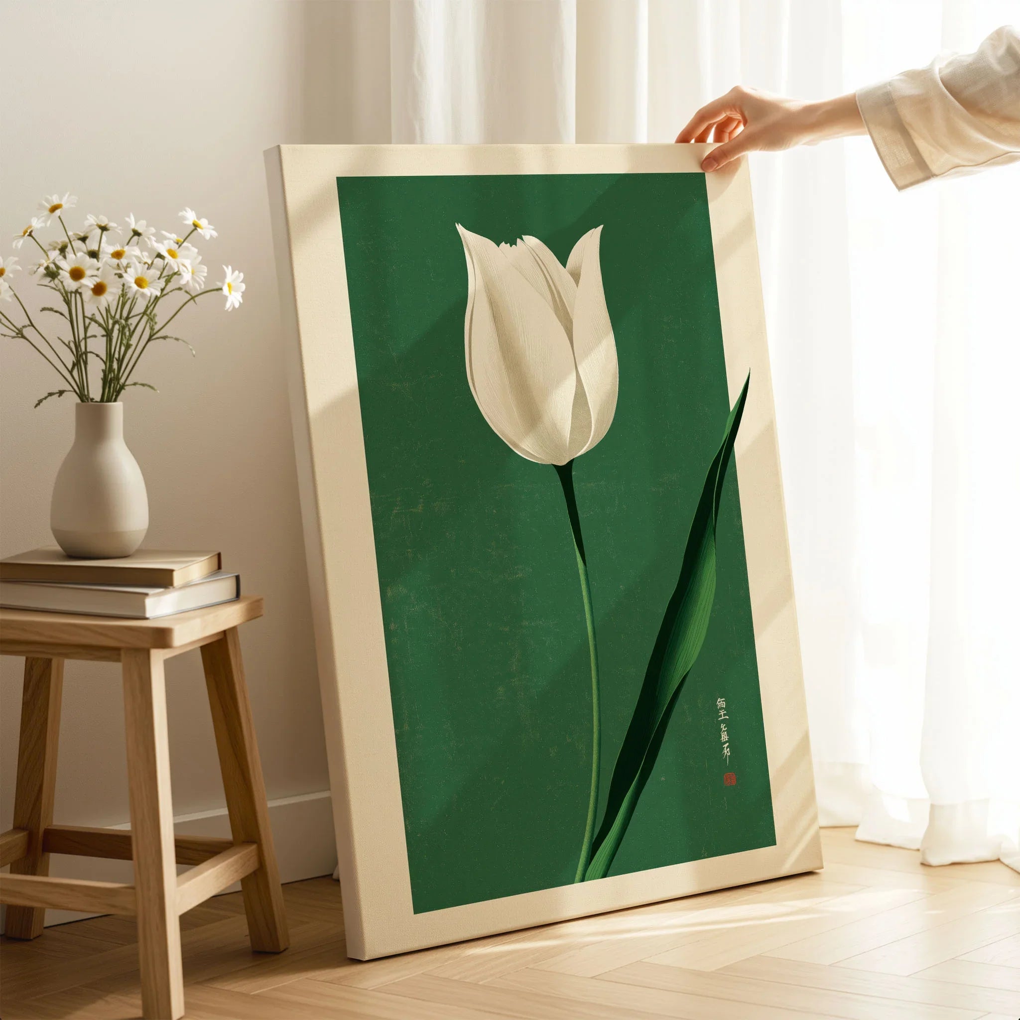 White Tulip Art Print – Green Japanese Botanical Wall Art — canvas print mirror edge hand holding room setting