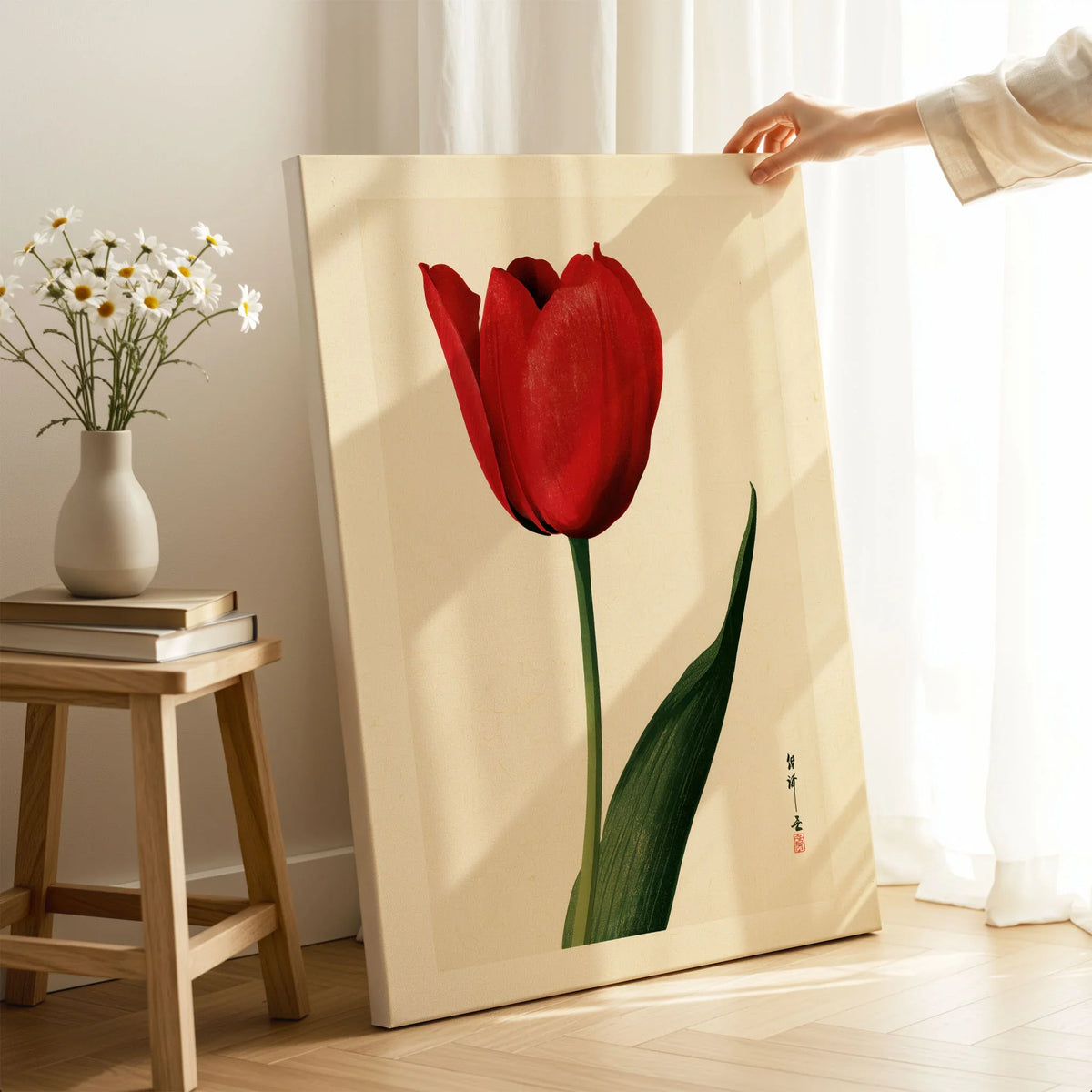 Red Tulip Art Print – Vintage Japanese Botanical Wall Art — canvas print mirror edge hand holding room setting