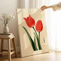 Tulip Art Print – Vintage Japanese Flower Wall Art — canvas print mirror edge hand holding room setting
