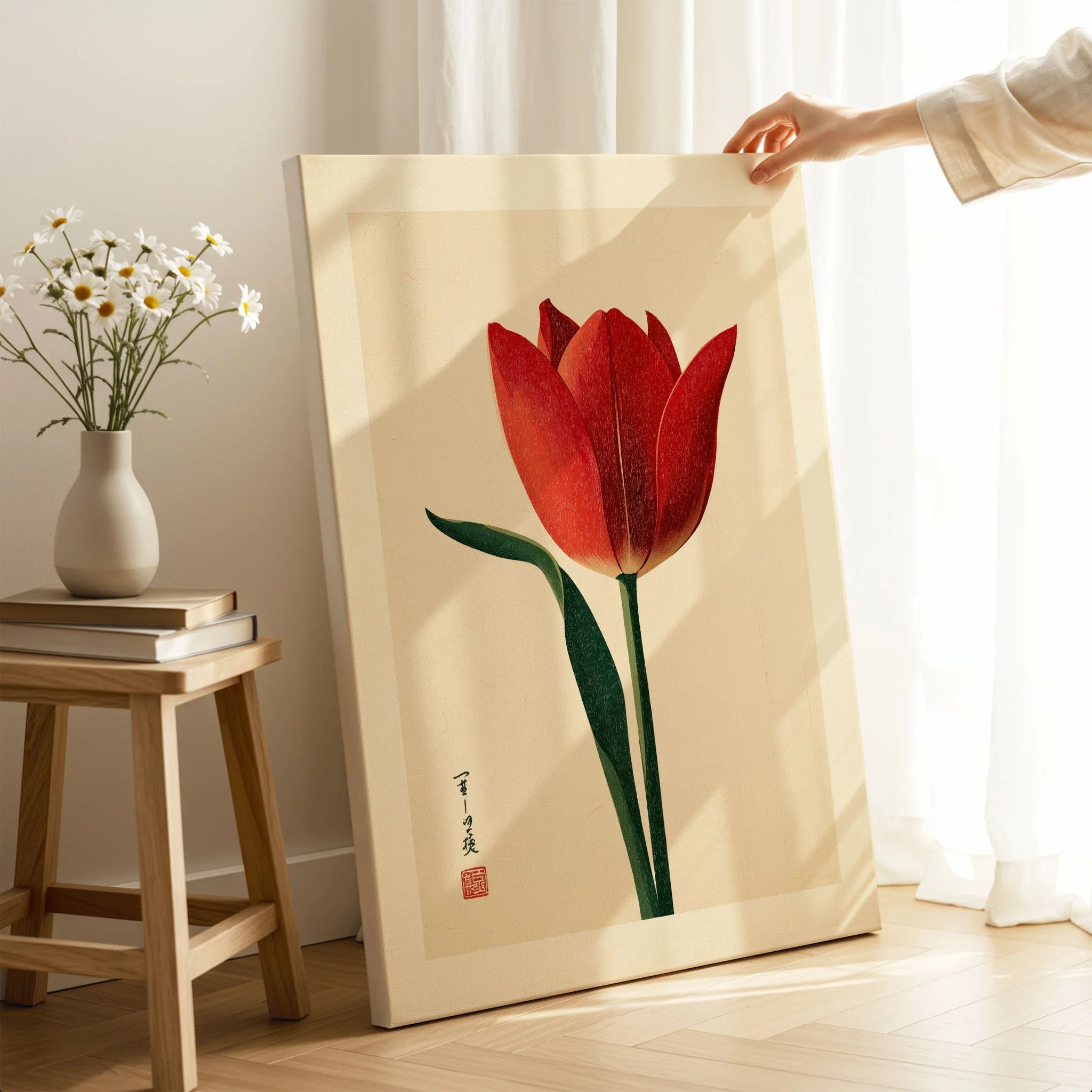 Deep Red Tulip Wall Art – Japanese Botanical Print — canvas print mirror edge hand holding room setting