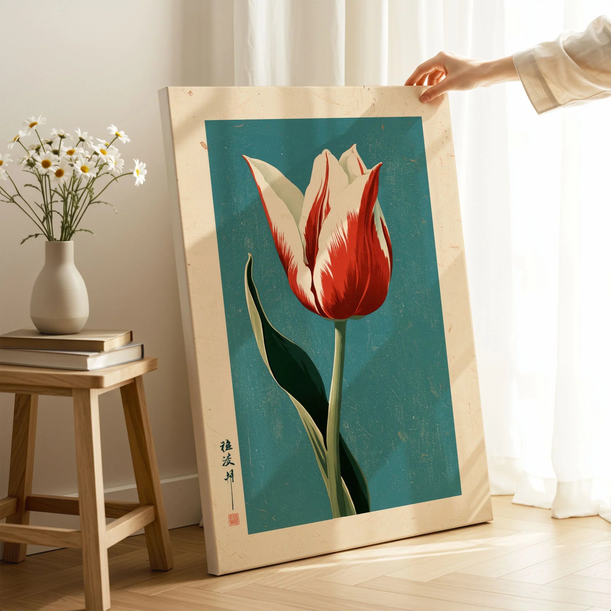 Striped Tulip Art Print – Blue Japanese Botanical Wall Art — canvas print mirror edge hand holding room setting