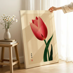 Pink Tulip Art Print – Japanese Botanical Wall Art — canvas print mirror edge hand holding room setting