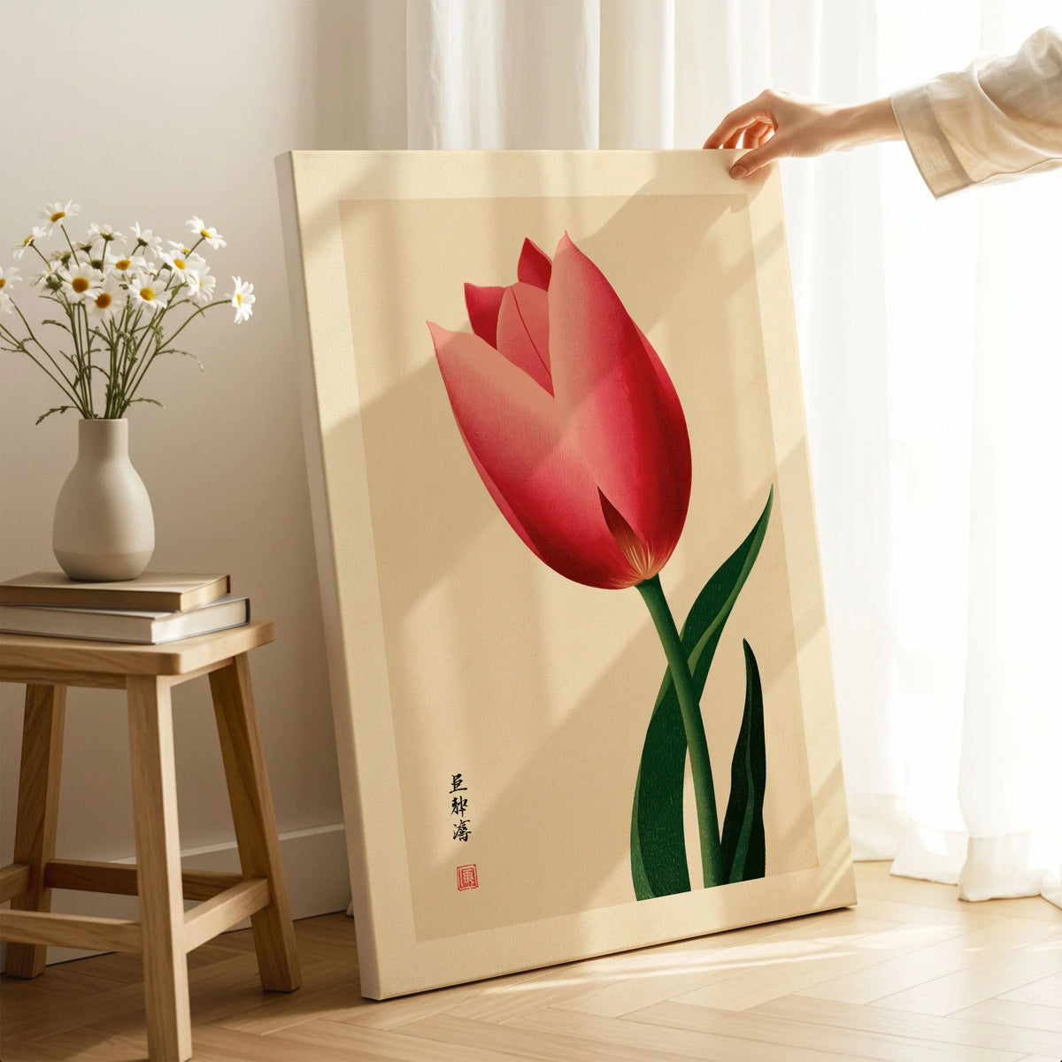 Pink Tulip Art Print – Japanese Botanical Wall Art — canvas print mirror edge hand holding room setting