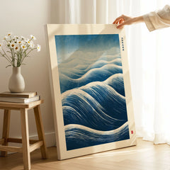 Ocean Wave Art Print – Blue Japanese Woodblock Wall Art — canvas print mirror edge hand holding room setting