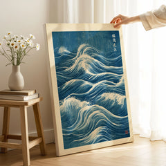 Japanese Waves Wall Art – Vintage Blue Ocean Print — canvas print mirror edge hand holding room setting