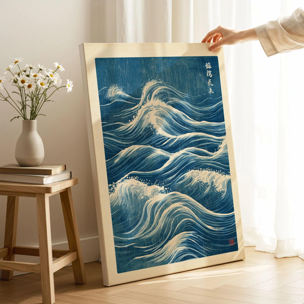Japanese Waves Wall Art – Vintage Blue Ocean Print — canvas print mirror edge hand holding room setting