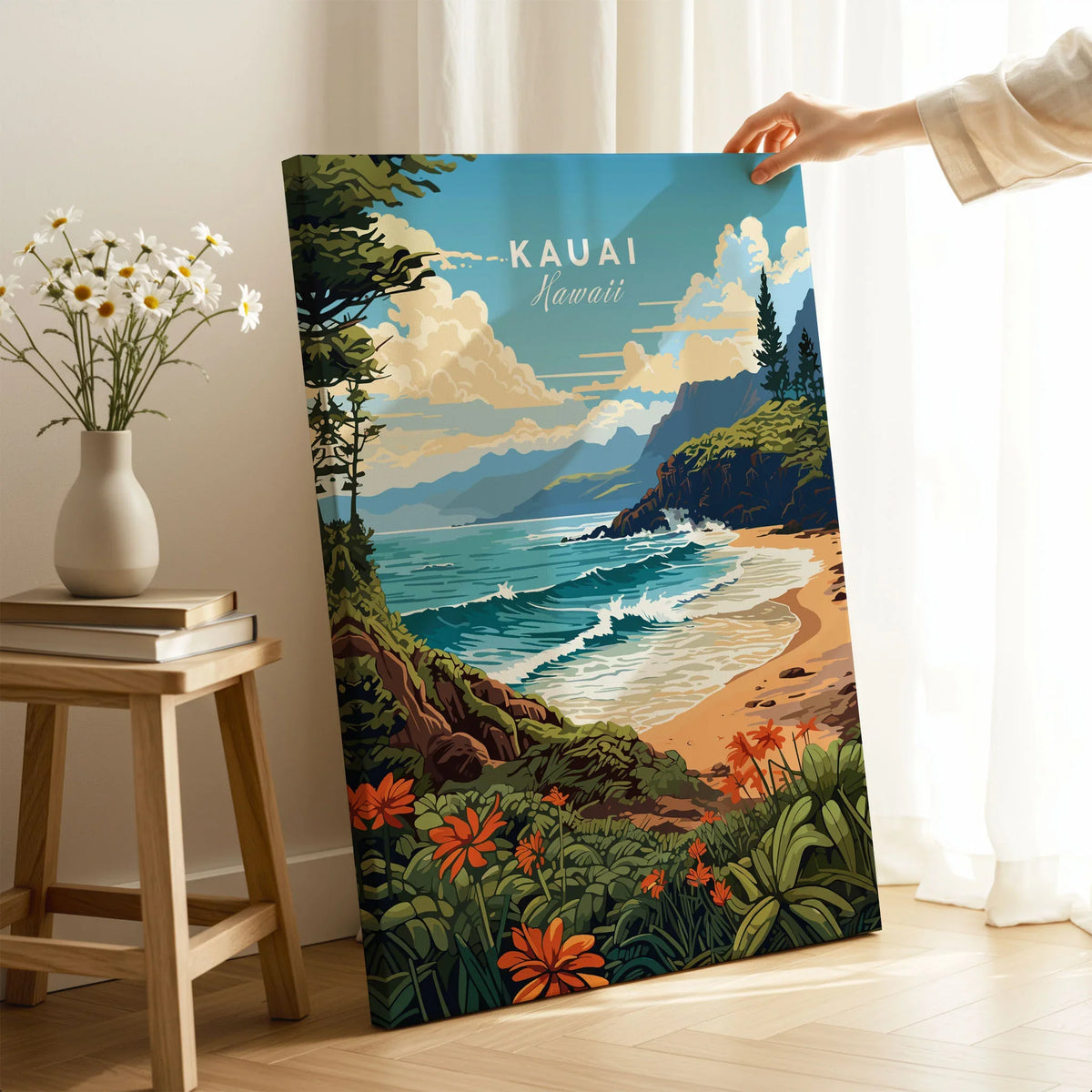 Kauai Print on stretched canvas with mirror-wrap edges, held by hand in a room setting
