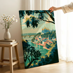 Kyiv Ukraine Golden Domes Travel Poster — golden domes on a wooded bluff above the Dnipro river, shown as canvas print mirror edge hand holding room setting