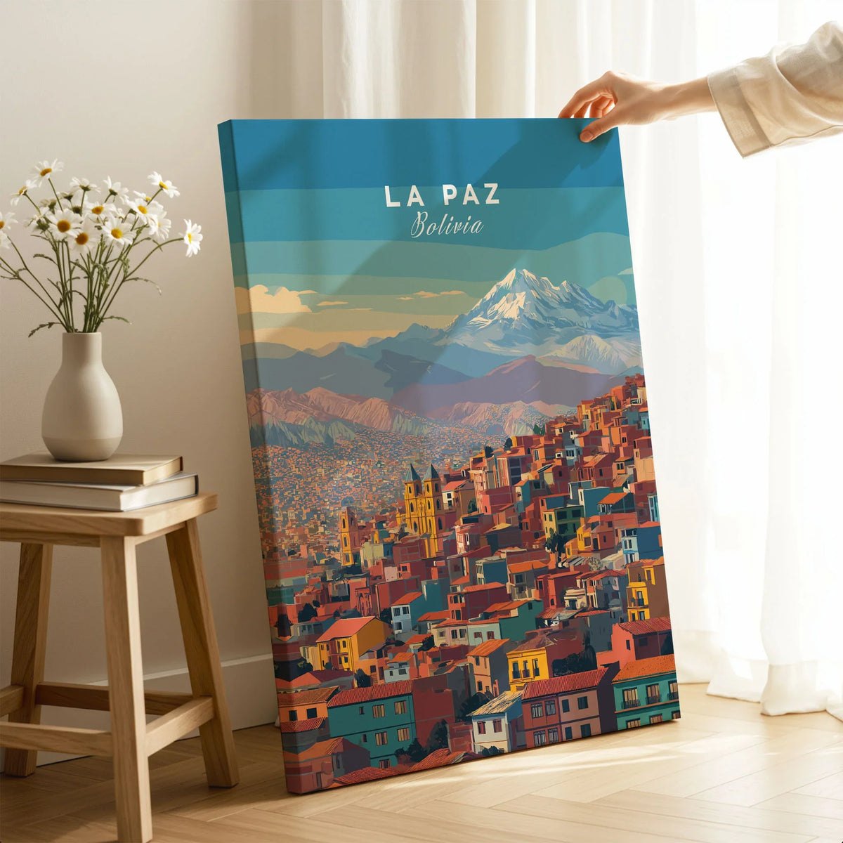 La Paz Bolivia Andes Mountain City Print - Travel Poster on stretched canvas with mirror-wrap edges, held by hand in a room setting