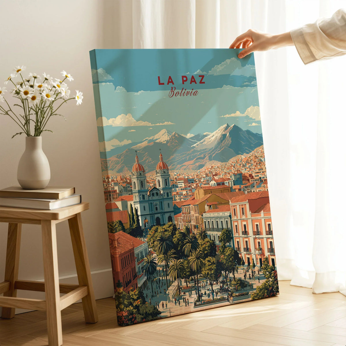 La Paz Travel Print - Bolivia Wall Art on stretched canvas with mirror-wrap edges, held by hand in a room setting