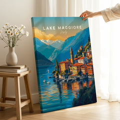 Lake Maggiore Print on stretched canvas with mirror-wrap edges, held by hand in a room setting