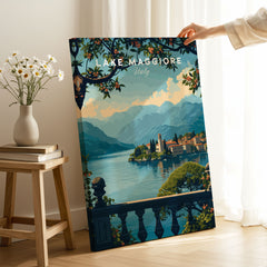 Lake Maggiore Travel Poster on stretched canvas with mirror-wrap edges, held by hand in a room setting