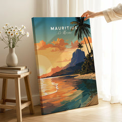 Le Morne Mauritius Poster on stretched canvas with mirror-wrap edges, held by hand in a room setting