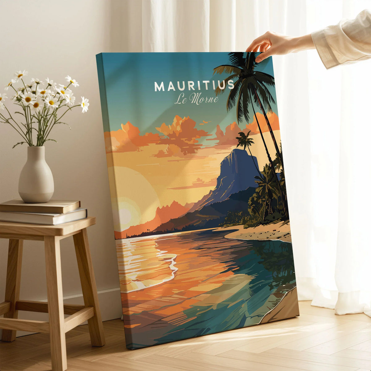 Le Morne Mauritius Poster on stretched canvas with mirror-wrap edges, held by hand in a room setting