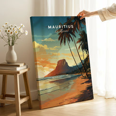 Mauritius Le Morne Poster on stretched canvas with mirror-wrap edges, held by hand in a room setting