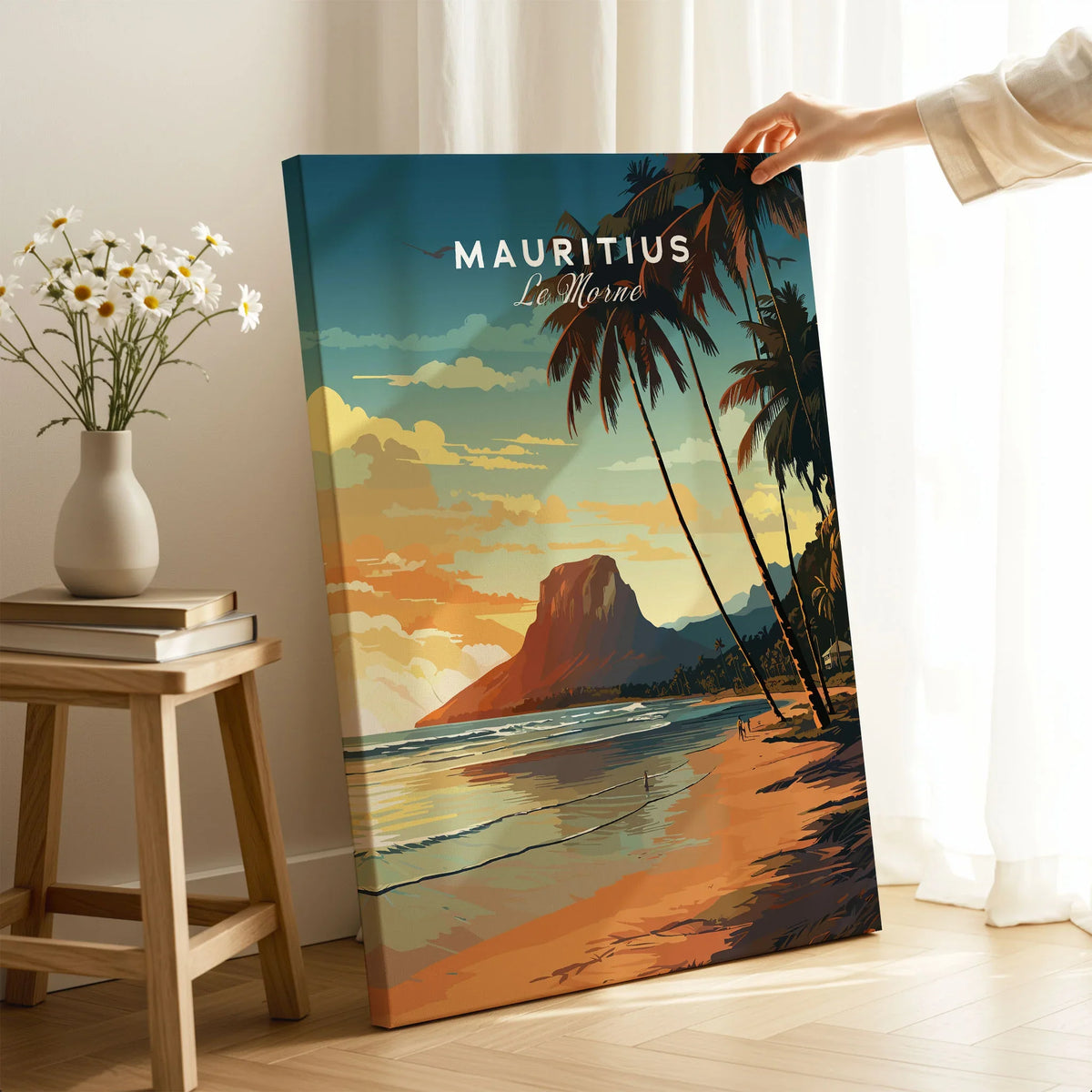 Mauritius Le Morne Poster on stretched canvas with mirror-wrap edges, held by hand in a room setting