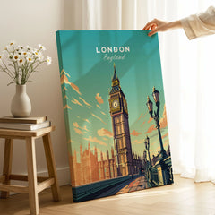 London Poster Big Ben on stretched canvas with mirror-wrap edges, held by hand in a room setting
