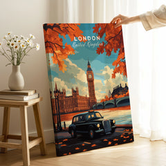 London Wall Art on stretched canvas with mirror-wrap edges, held by hand in a room setting