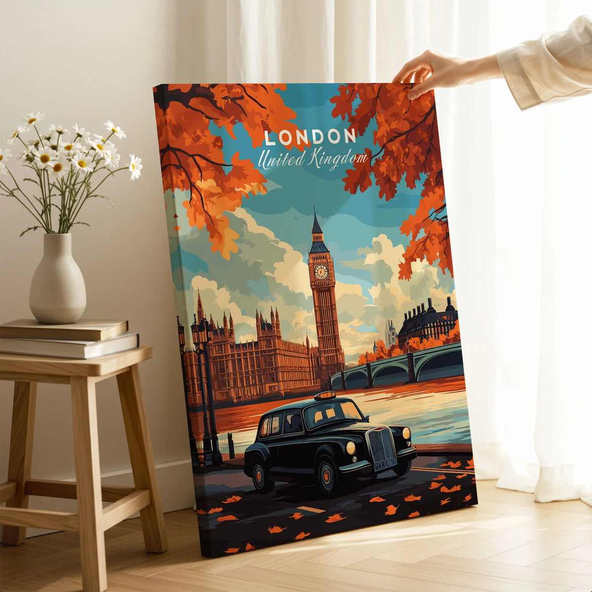 London Wall Art on stretched canvas with mirror-wrap edges, held by hand in a room setting