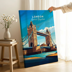 London Print England on stretched canvas with mirror-wrap edges, held by hand in a room setting