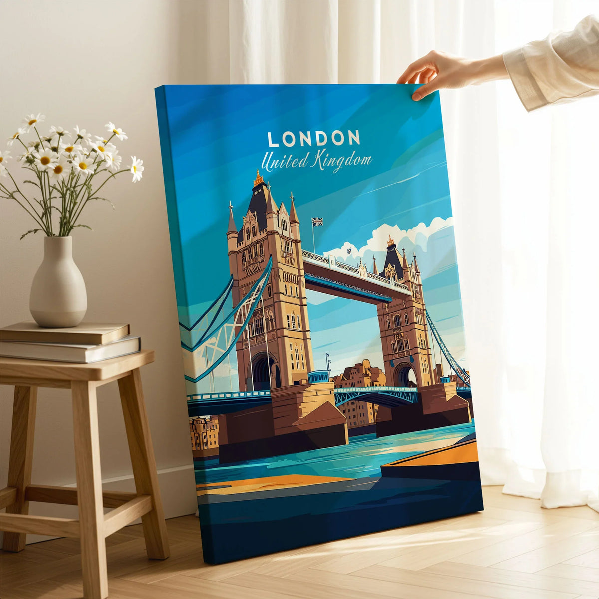 London Print England on stretched canvas with mirror-wrap edges, held by hand in a room setting
