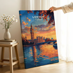 Big Ben London Art Print | Westminster Palace Poster on stretched canvas with mirror-wrap edges, held by hand in a room setting