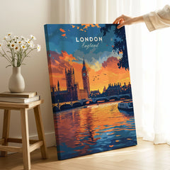 London Skyline Art | Big Ben & Houses of Parliament Print on stretched canvas with mirror-wrap edges, held by hand in a room setting