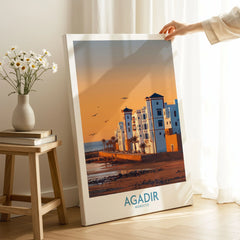 Agadir Morocco Wall Art on stretched canvas with mirror-wrap edges, held by hand in a room setting
