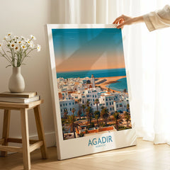 Agadir Morocco Wall Art – Mediterranean Canvas Art on stretched canvas with mirror-wrap edges, held by hand in a room setting