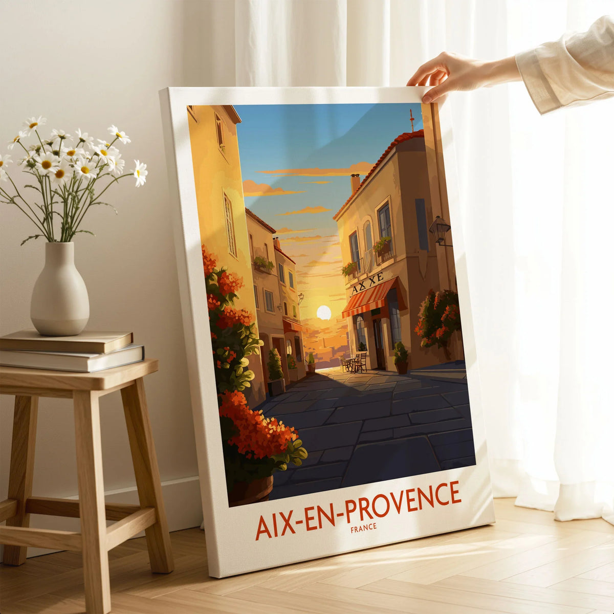 Aix-en-Provence Wall Art on stretched canvas with mirror-wrap edges, held by hand in a room setting