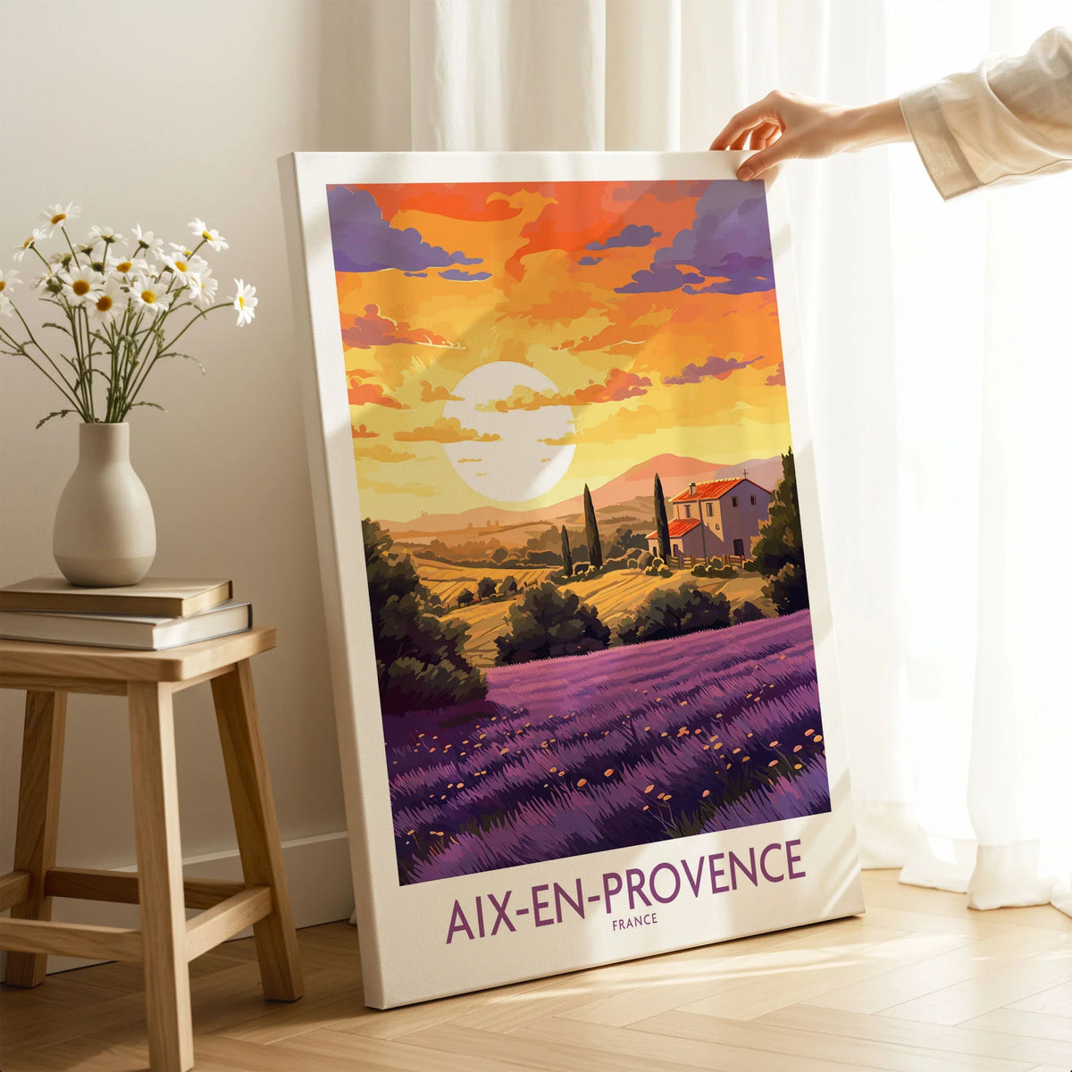 Aix-en-Provence Art Print on stretched canvas with mirror-wrap edges, held by hand in a room setting