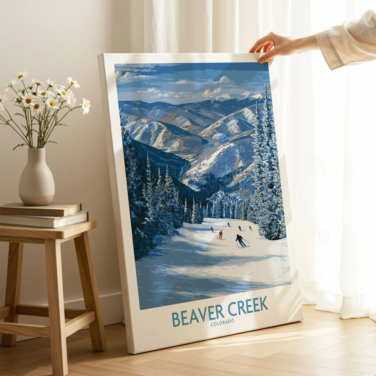 Beaver Creek Colorado Winter Wonderland Wall Art - Group Skiing Landscape on stretched canvas with mirror-wrap edges, held by hand in a room setting