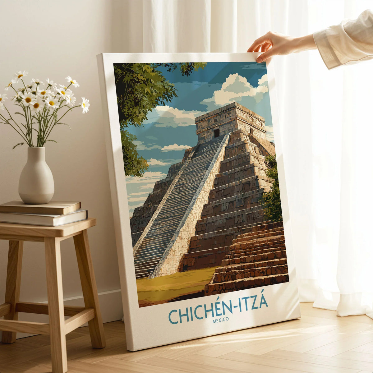 Mexico Chichén Itzá El Castillo Poster Mayan Temple Travel Print Ancient Ruins Wall Art on stretched canvas with mirror-wrap edges, held by hand in a room setting