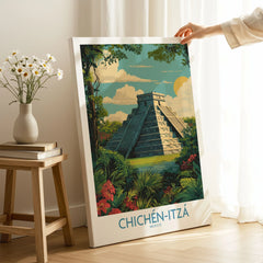 Mexico Chichén Itzá Mayan Pyramid Poster Jungle Ruins Travel Print El Castillo Art on stretched canvas with mirror-wrap edges, held by hand in a room setting