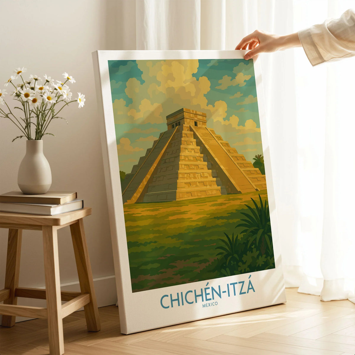 Mexico Mayan Pyramid Chichén Itzá Travel Poster El Castillo Landscape Print Wall Art on stretched canvas with mirror-wrap edges, held by hand in a room setting