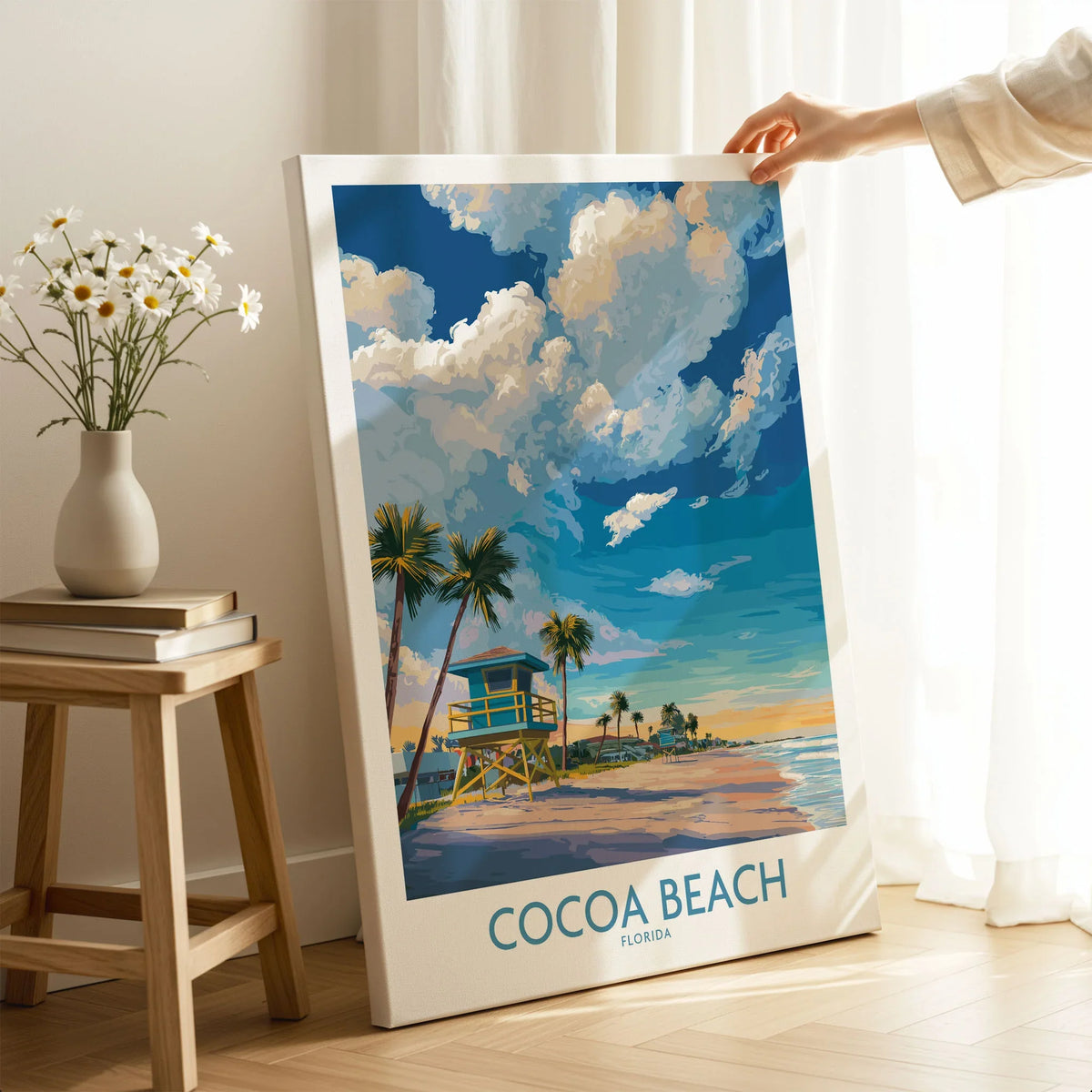 Cocoa Beach Florida Oceanfront Landscape Print - Florida Coast Decor on stretched canvas with mirror-wrap edges, held by hand in a room setting