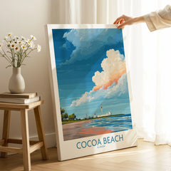Cocoa Beach Kennedy Space Center Poster - Florida Wall Art Decor on stretched canvas with mirror-wrap edges, held by hand in a room setting