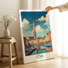 Cork Ireland Poster on stretched canvas with mirror-wrap edges, held by hand in a room setting