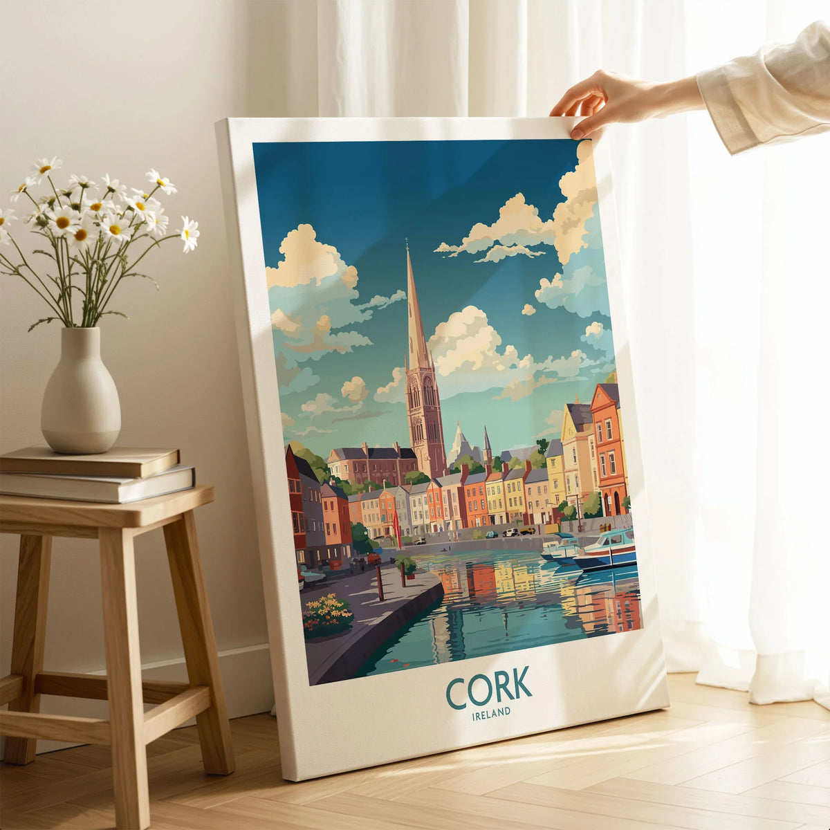 Cork Ireland Poster on stretched canvas with mirror-wrap edges, held by hand in a room setting