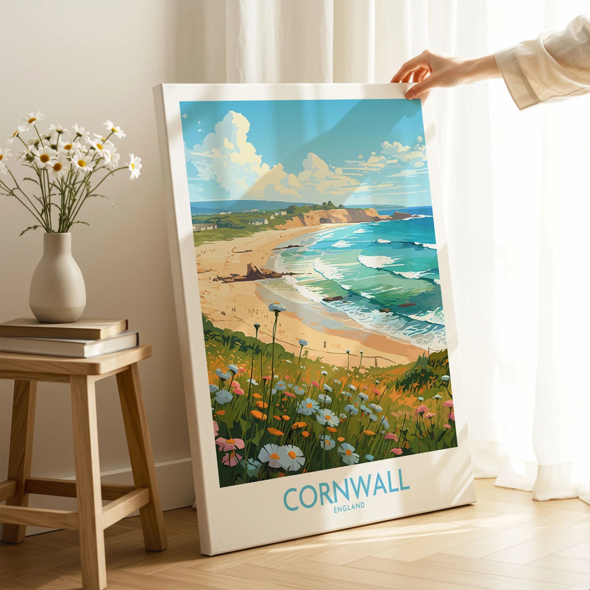 Cornwall Wall Art | Modern Style on stretched canvas with mirror-wrap edges, held by hand in a room setting