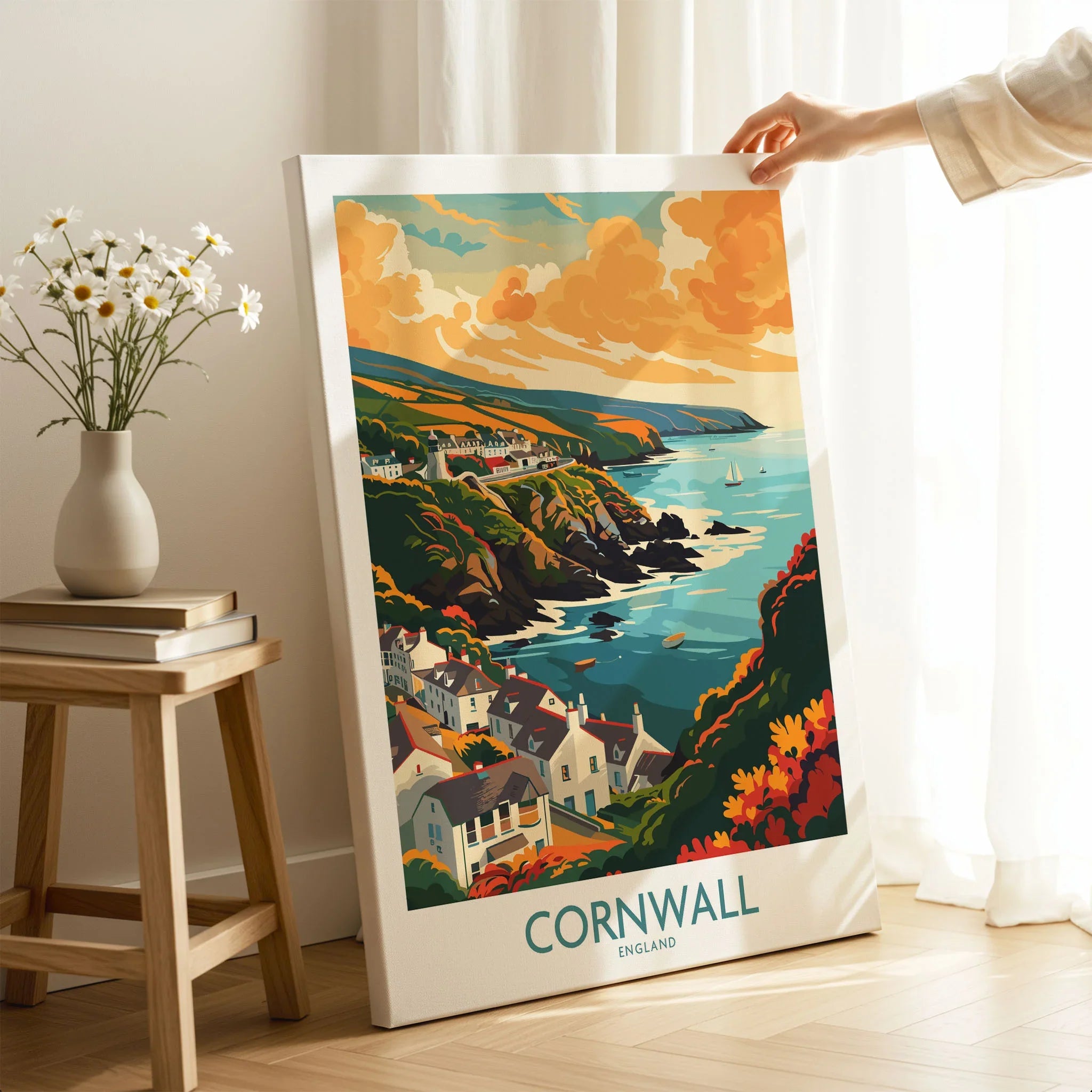 Cornwall Art Print - Modern on stretched canvas with mirror-wrap edges, held by hand in a room setting