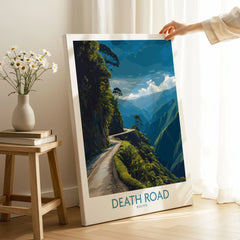 Death Road Bolivia Mountain Art Print | Yungas Camino Poster on stretched canvas with mirror-wrap edges, held by hand in a room setting