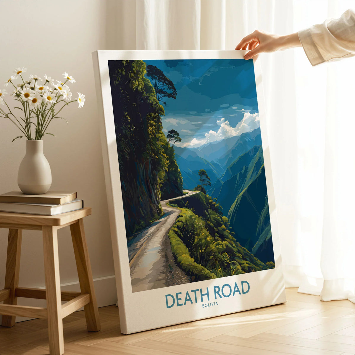 Death Road Bolivia Mountain Art Print | Yungas Camino Poster on stretched canvas with mirror-wrap edges, held by hand in a room setting