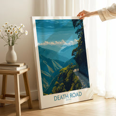 Death Road Bolivia Hiking Trail Art Print | Camino de la Muerte Poster on stretched canvas with mirror-wrap edges, held by hand in a room setting