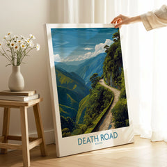 Death Road Bolivia Art Print | Yungas Road Poster on stretched canvas with mirror-wrap edges, held by hand in a room setting